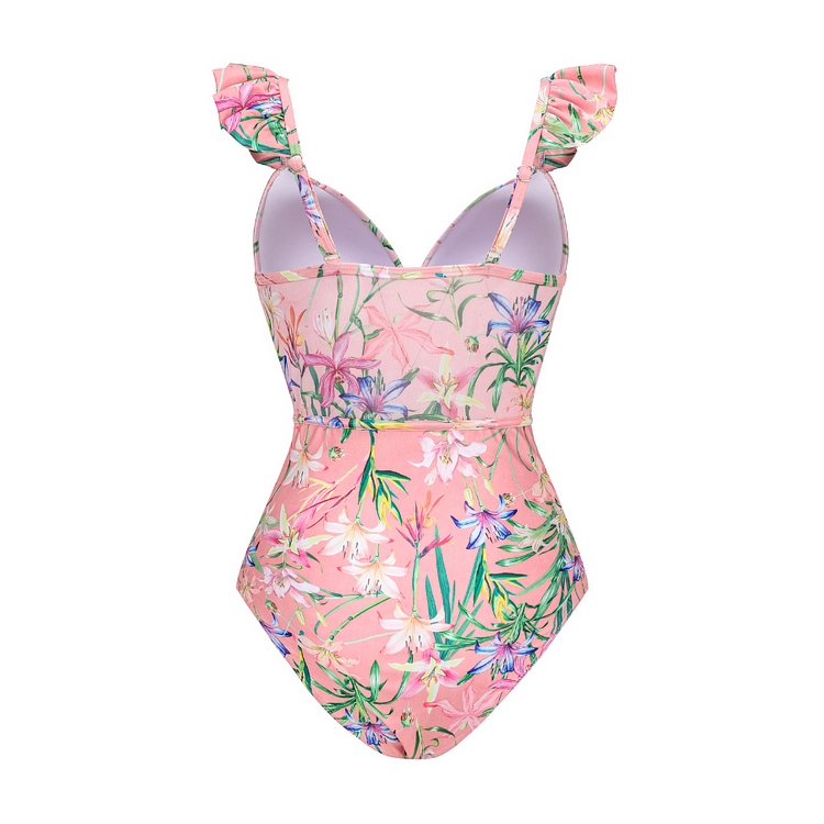 Floral Print One Piece Swimsuit and Mesh Splicing Sarong Flaxmaker