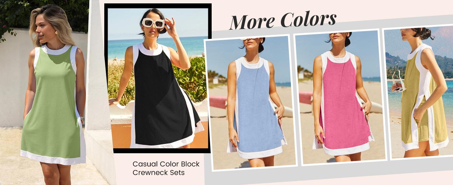 SCUSTY Women's Casual Summervibes Two Piece Sets Color Block Crewneck Sleeveless Pullover Tops Matching Shorts With Pockets 4th of July Independence Day Outfit