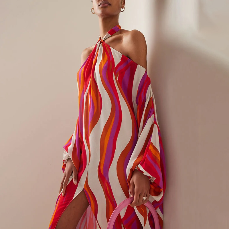 Halter Printed Color Block One Piece Swimsuit and Cover Up