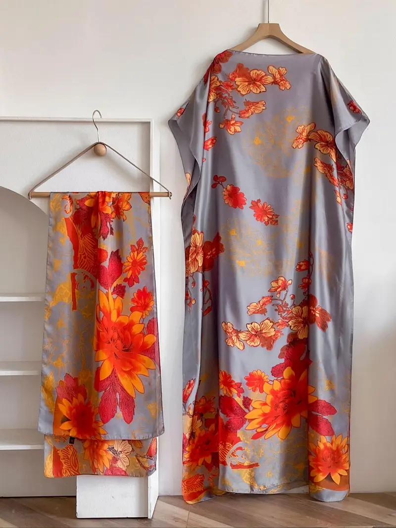 Women's Floral Print Lightweight Long Dress & Scarf Piece Set Outfit, Boho Casual Wear Shawl Dress & Scarf Set for Beach Vacation Holiday, Ladies Clothes for All Seasons
