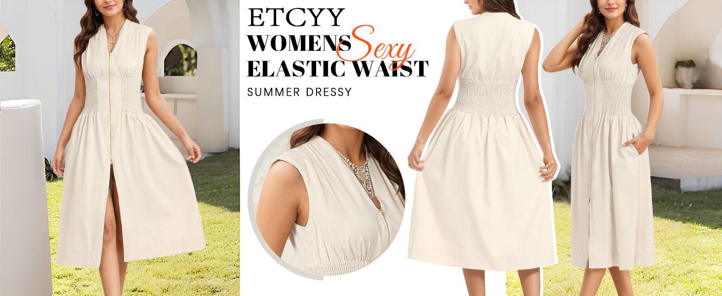 【GUNEST】Women&rsquo;s Summer Smocked Midi Dress&mdash;V-neck, sleeveless/cap sleeve, zipper back, high slit, flowy and elegant for parties, birthdays, or minimalist daily looks. Waist-trainer friendly. Stylish beige essential. Womenswear,#DealsForYouDays