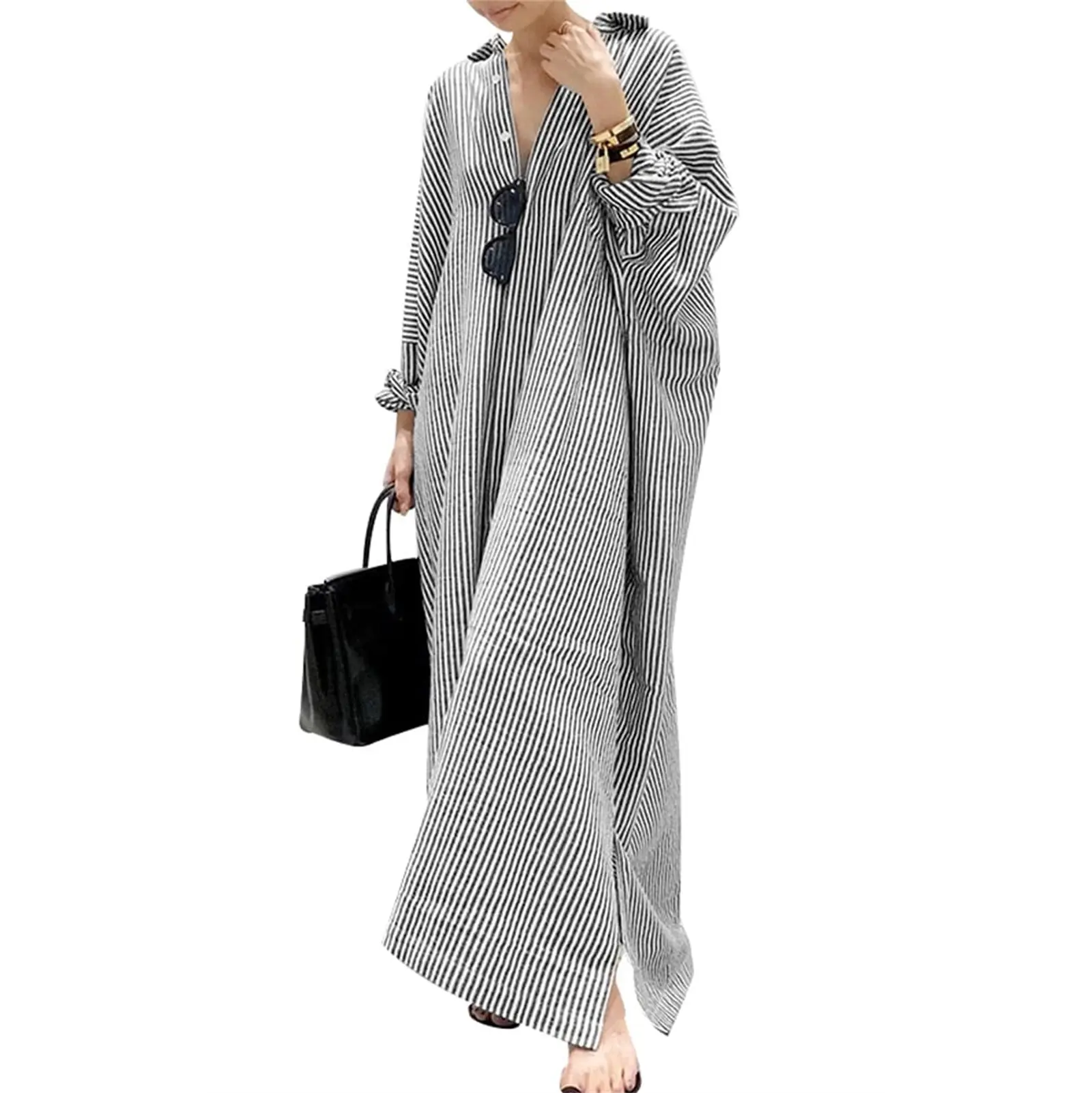 Women's Casual Striped Cotton Maxi Shirt Dress