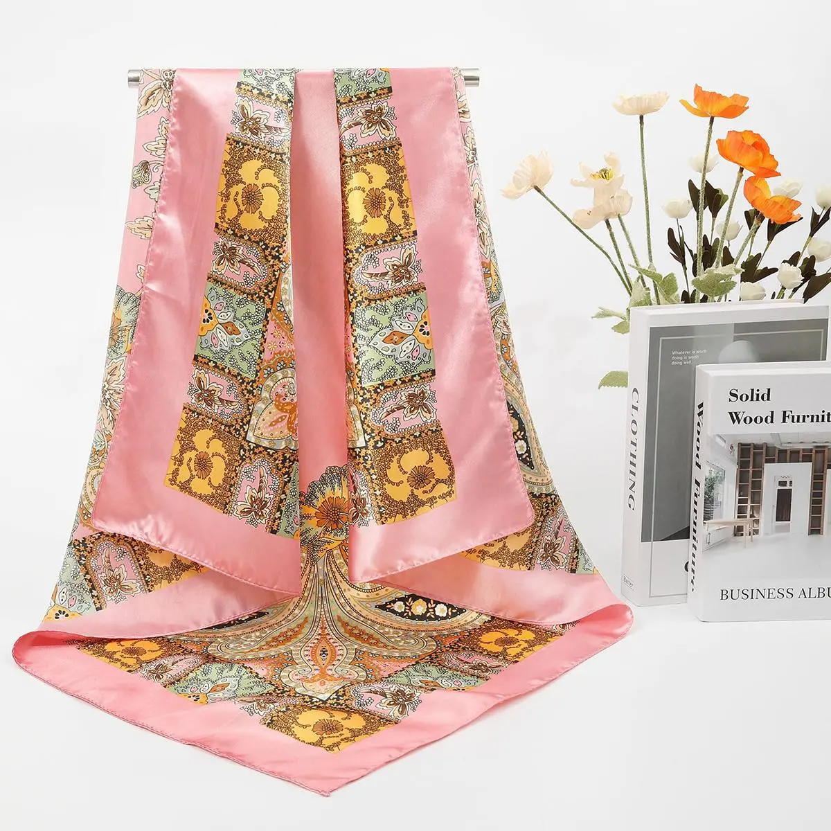 4 Pack Shawl Scarf Set for Women, 35" Large Square Silk-Like Satin Head Wrap, Allover Print Fashion Neck Shawl Accessories for Women, Floral Print Scarf, Decorative Scarf