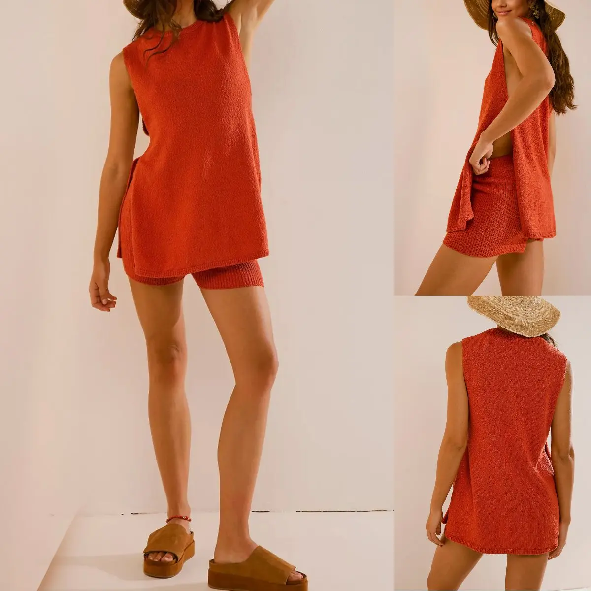 Sweater Set Sleeveless Tunic Top Matching Shorts Trendy Beach Vacation Sets Loungesetwomen Suits Clothes Womenswear