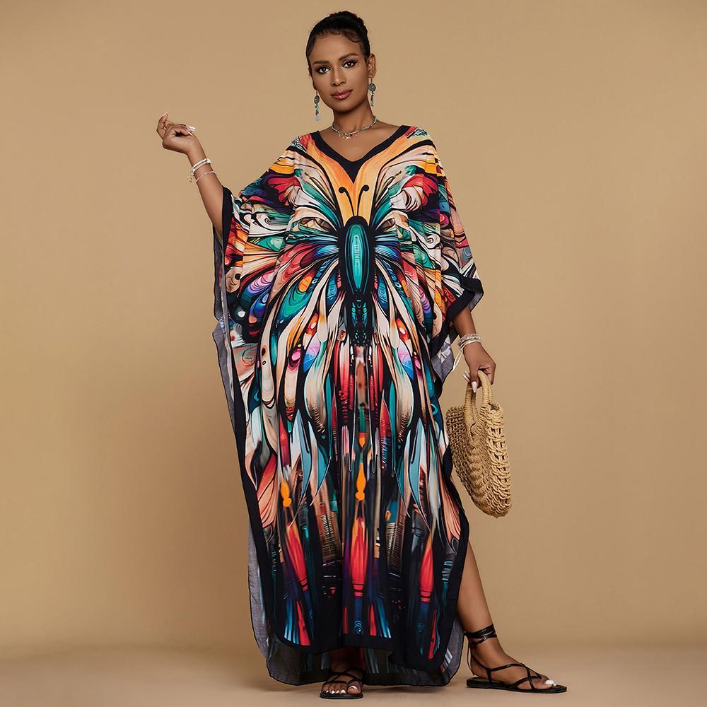 Bsubseach Women's Ethnic Print Kaftan Dress Plus Size All Over Print Sleeve Tunic Dress Boho Casual V Neck 3/4 Sleeve Tunic Dress for Women Mrs Roper Kaftan Bubu Mumu Casual Womenswear Summer Bohemian
