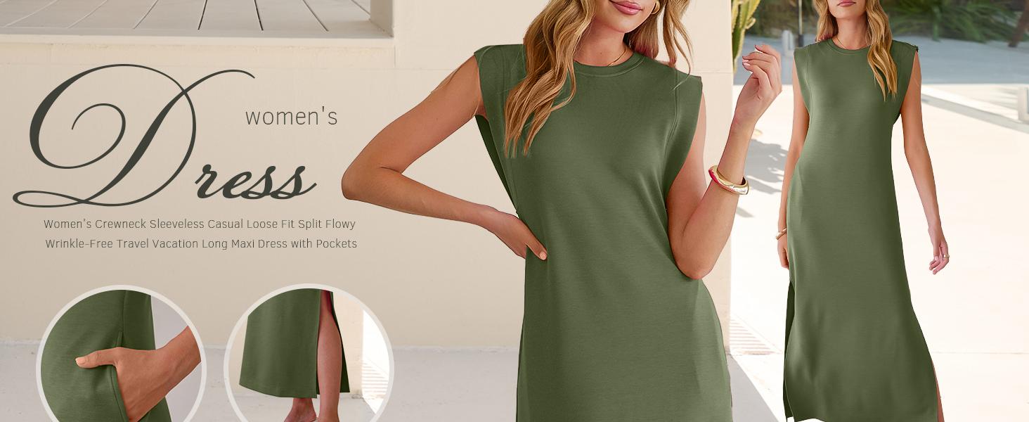 ANRABESS Women Summer Casual Sleeveless Maxi Dress 2026 Crewneck Loose Split Wrinkle-Free Beach Travel Vacation Long Sundress