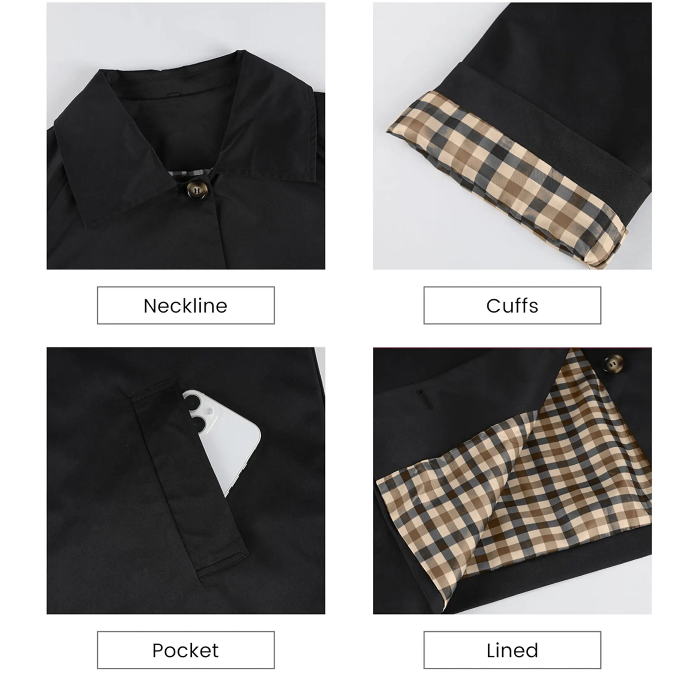 Womens Cropped Trench Coat Classic Collar Oversized Casual Jackets with Checkered Lining SummerVibes