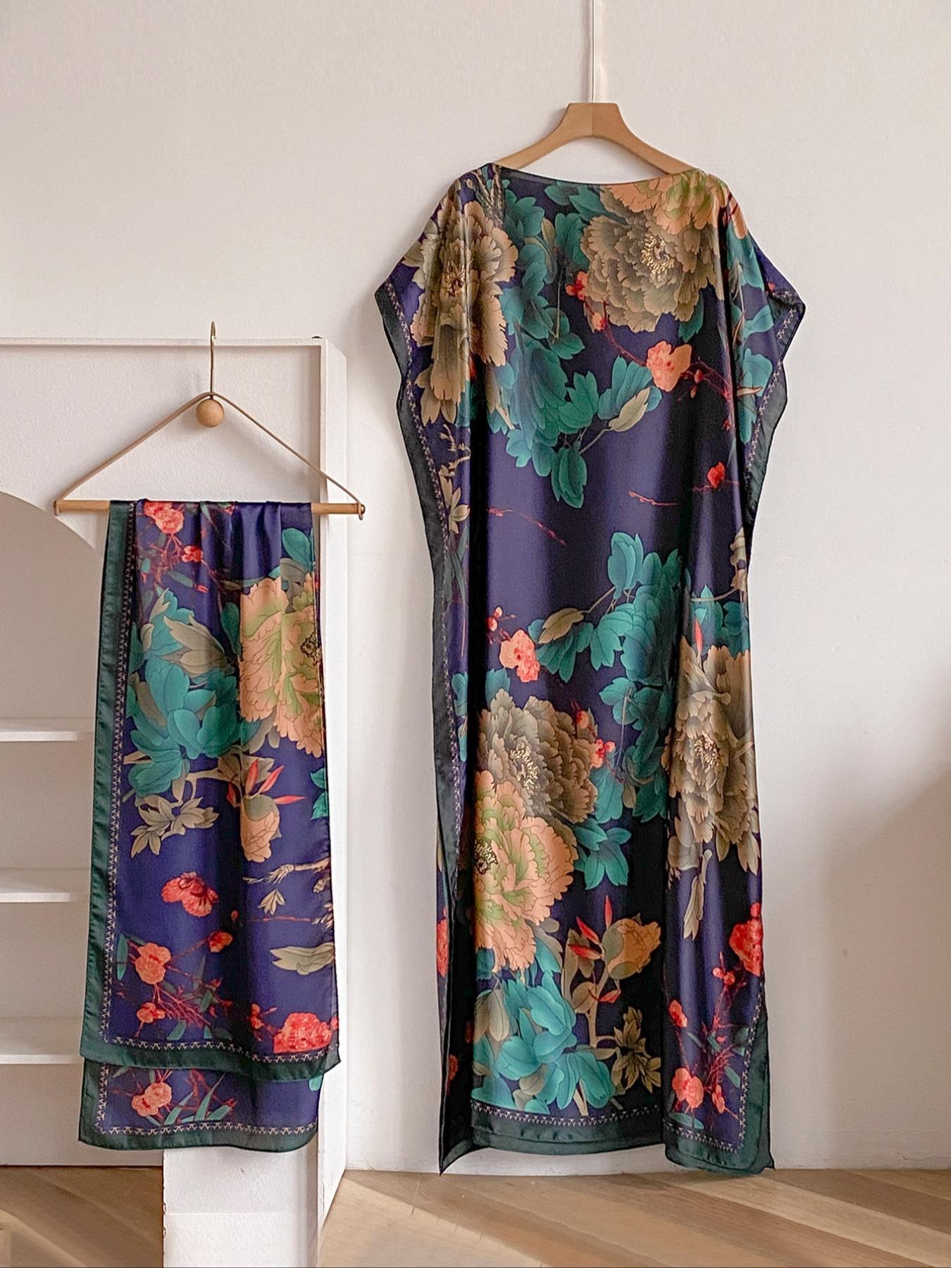 Women's Peacock Print Cape Shawl & Scarf Set, Elegant Beach Cover-Up For Holiday Vacation, Swimsuit Cover Up