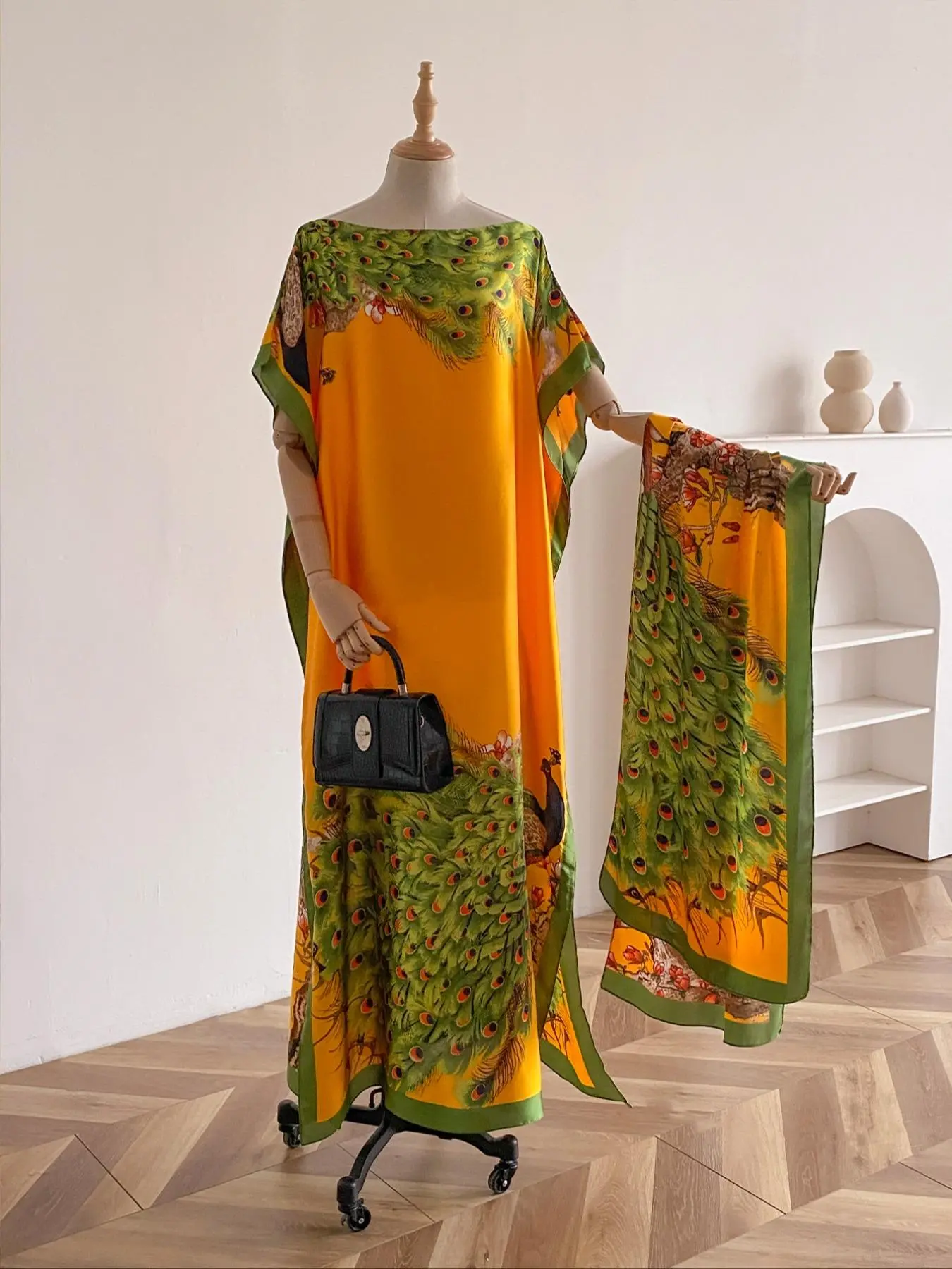 Women's Peacock Print Cape Shawl & Scarf Set, Elegant Beach Cover-Up For Holiday Vacation, Swimsuit Cover Up