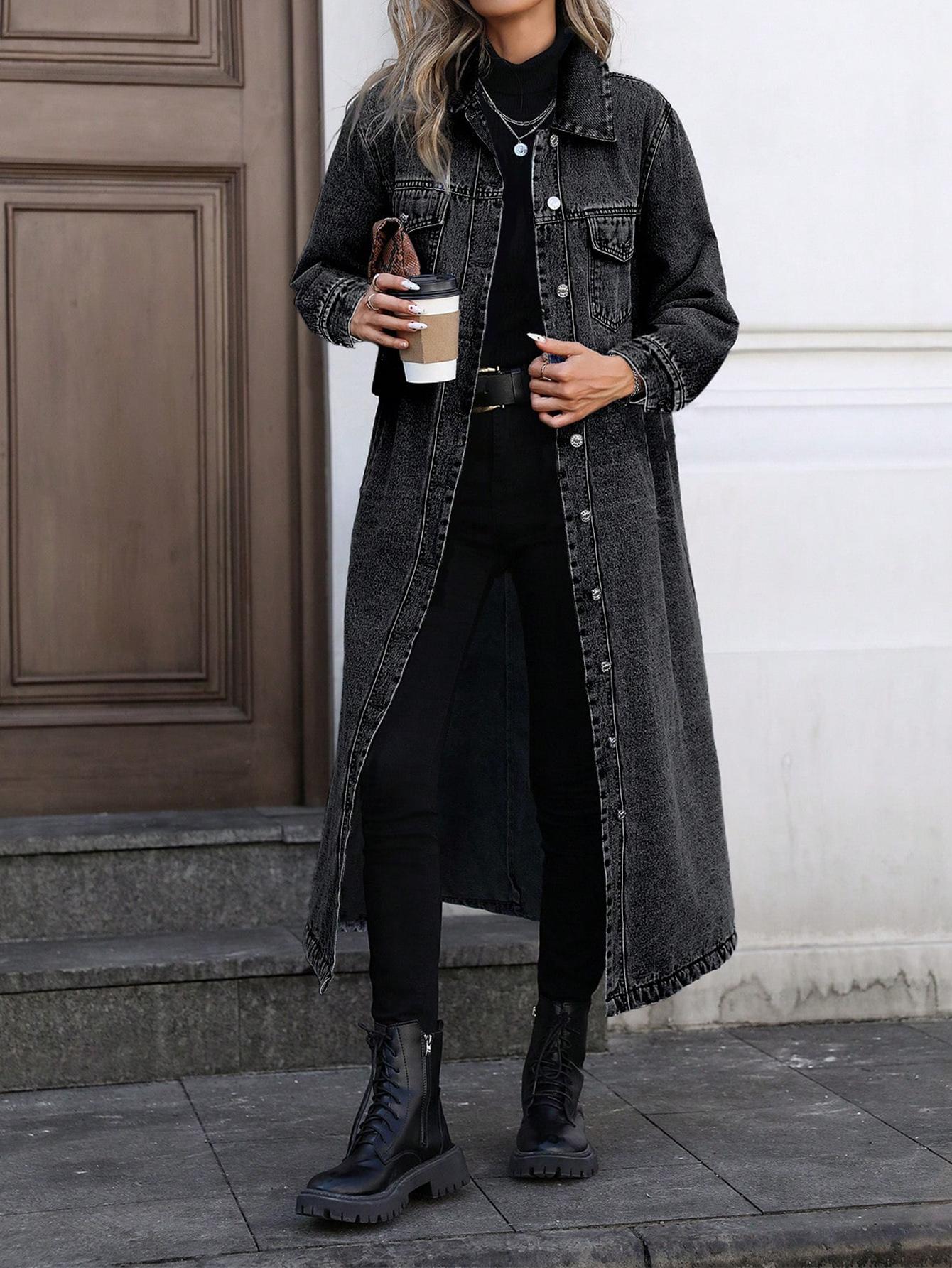Women's Button Front Denim Coat, Elegant Casual Long Sleeve Denim Jacket for Spring & Fall, Women's Clothing for Daily Wear Women's Button Front Denim Coat, Elegant Casual Long Sleeve Denim Jacket for Spring & Fall, Women's Clothing for Daily Wear