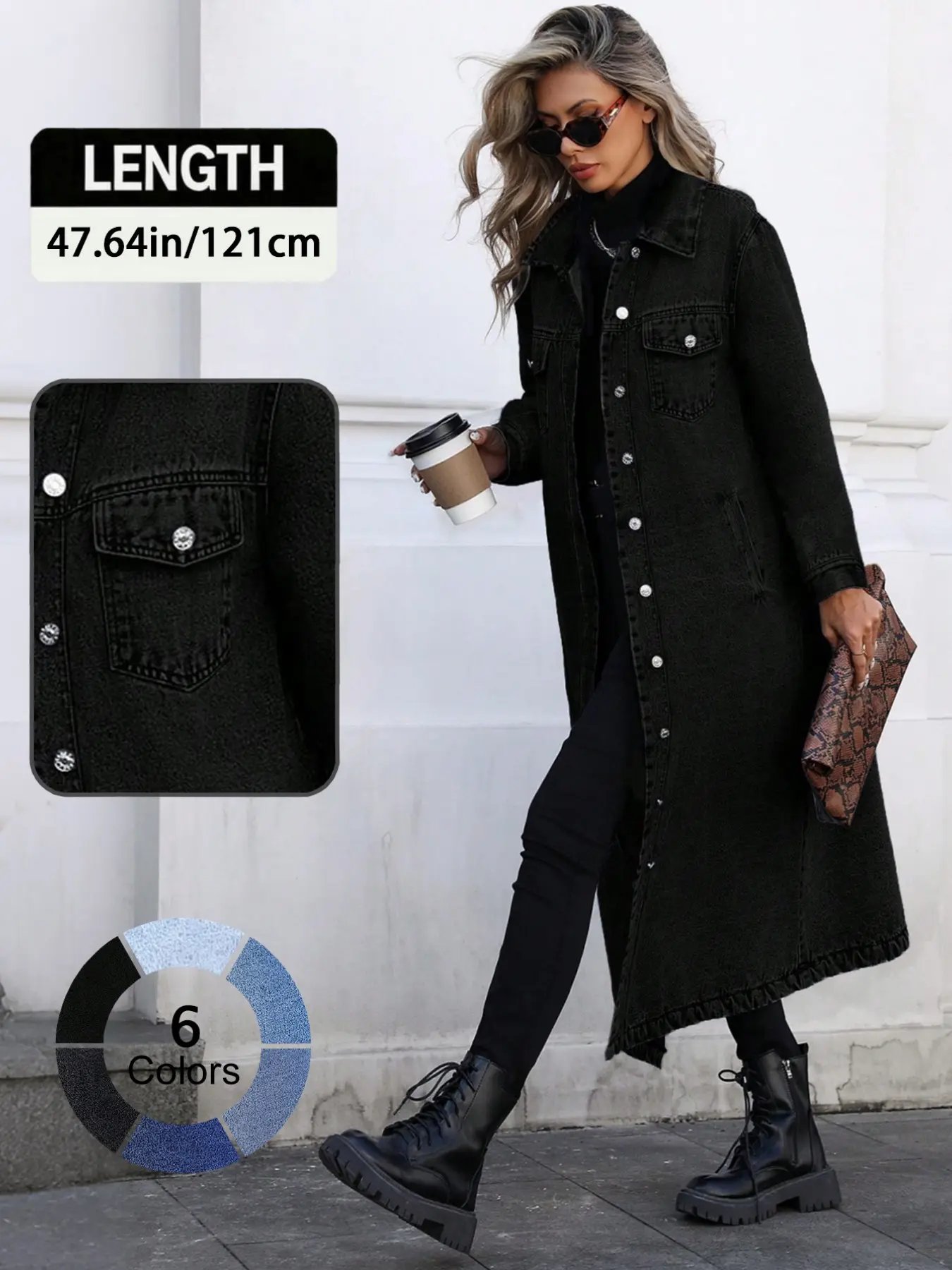 Women's Button Front Denim Coat, Elegant Casual Long Sleeve Denim Jacket for Spring & Fall, Women's Clothing for Daily Wear