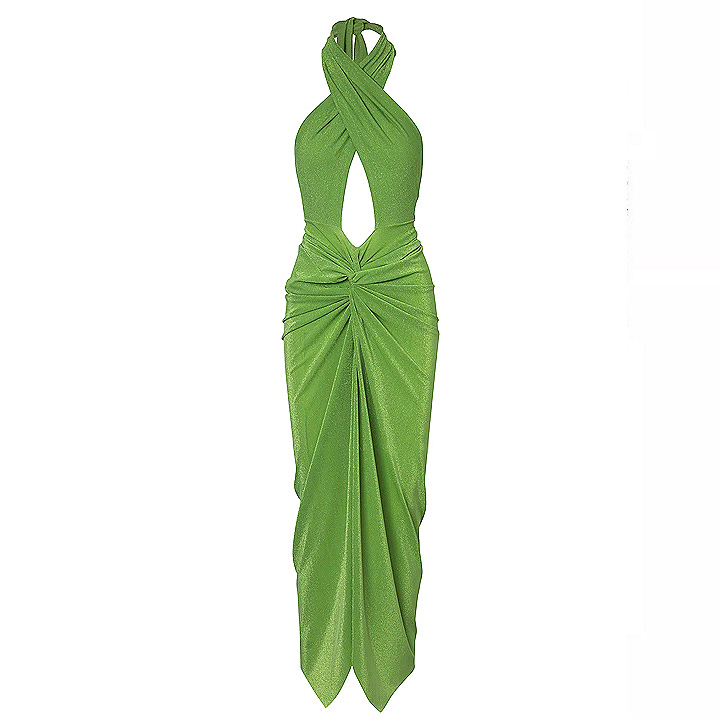Shiny Texture Pleated Design One Piece Halter Swimsuit and Skirt