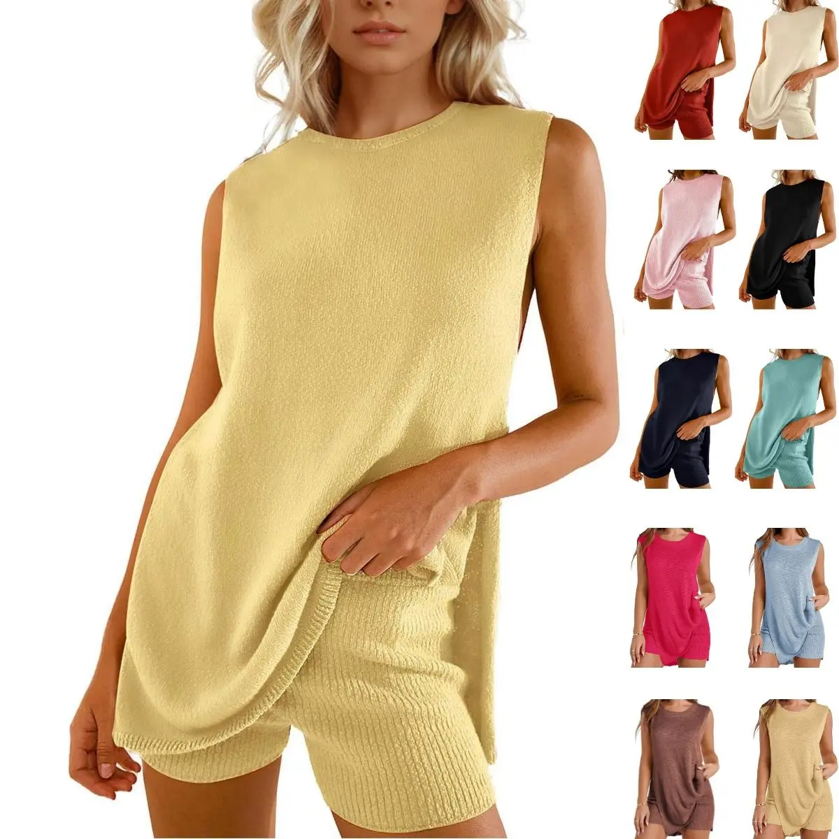 Sweater Set Sleeveless Tunic Top Matching Shorts Trendy Beach Vacation Sets Loungesetwomen Suits Clothes Womenswear