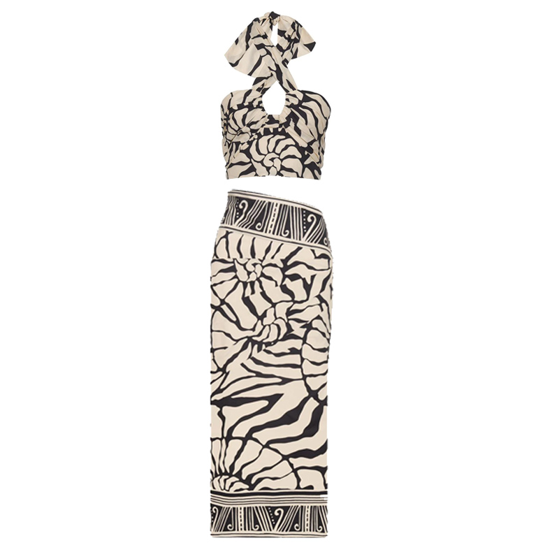 Detachable Puff Sleeves Printed High Waist Bikini Swimsuit and Skirt Flaxmaker