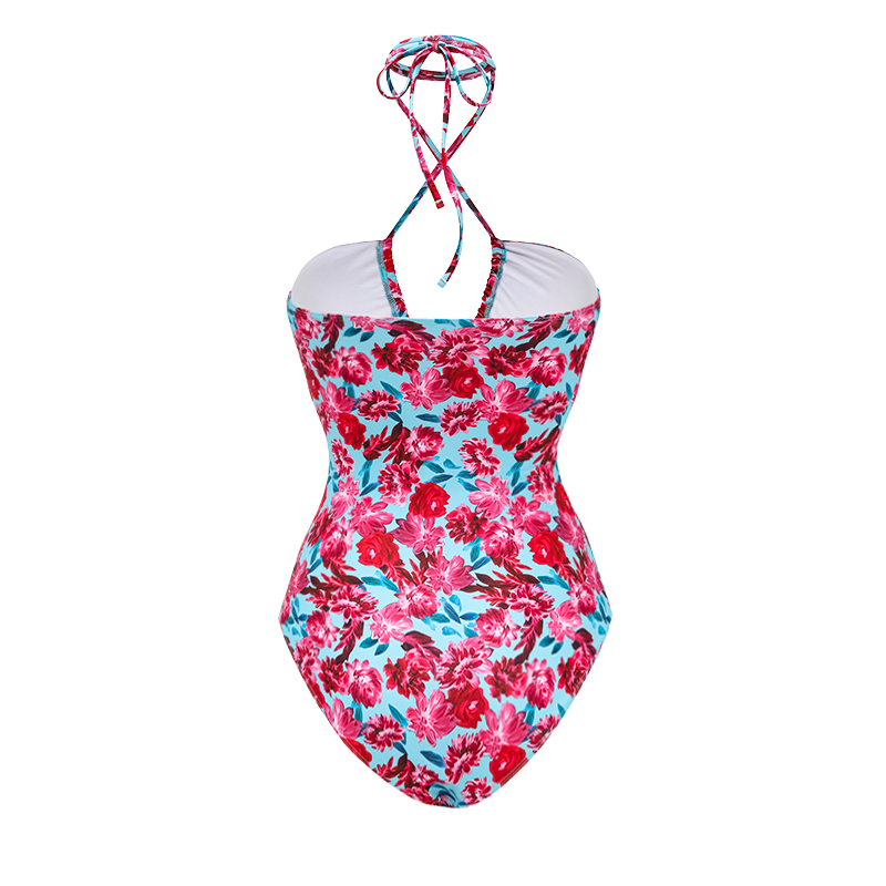 Halter Floral Print One Piece Swimsuit and Skirt or Sarong