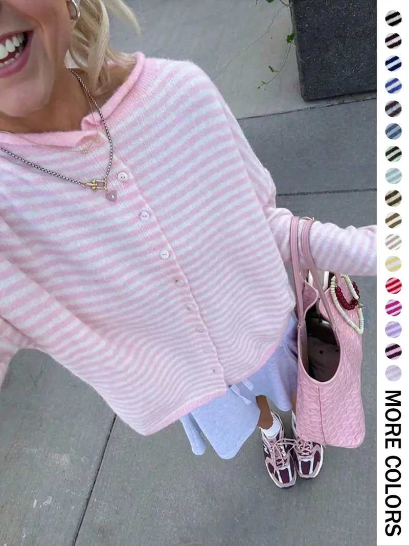 Women's Striped Knit Cardigan Sweater Casual Long Sleeve