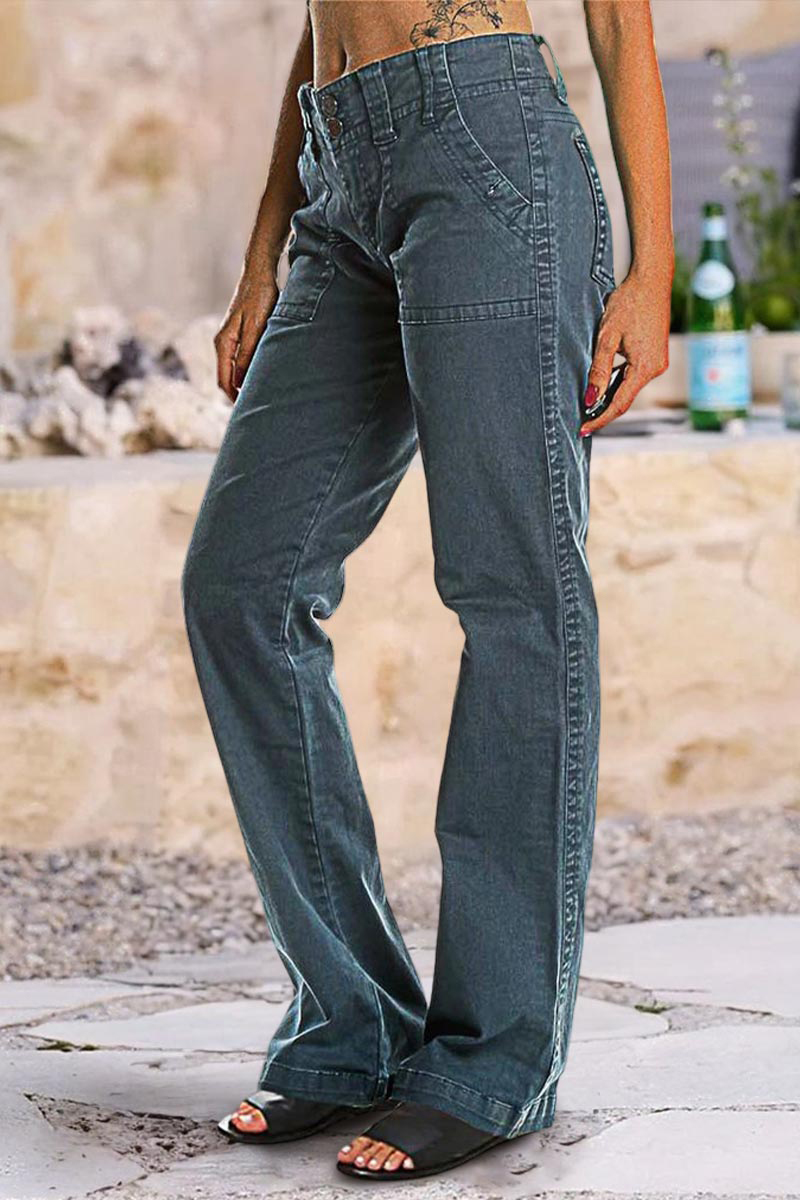 Double Button Mid Waist Straight Leg Pants