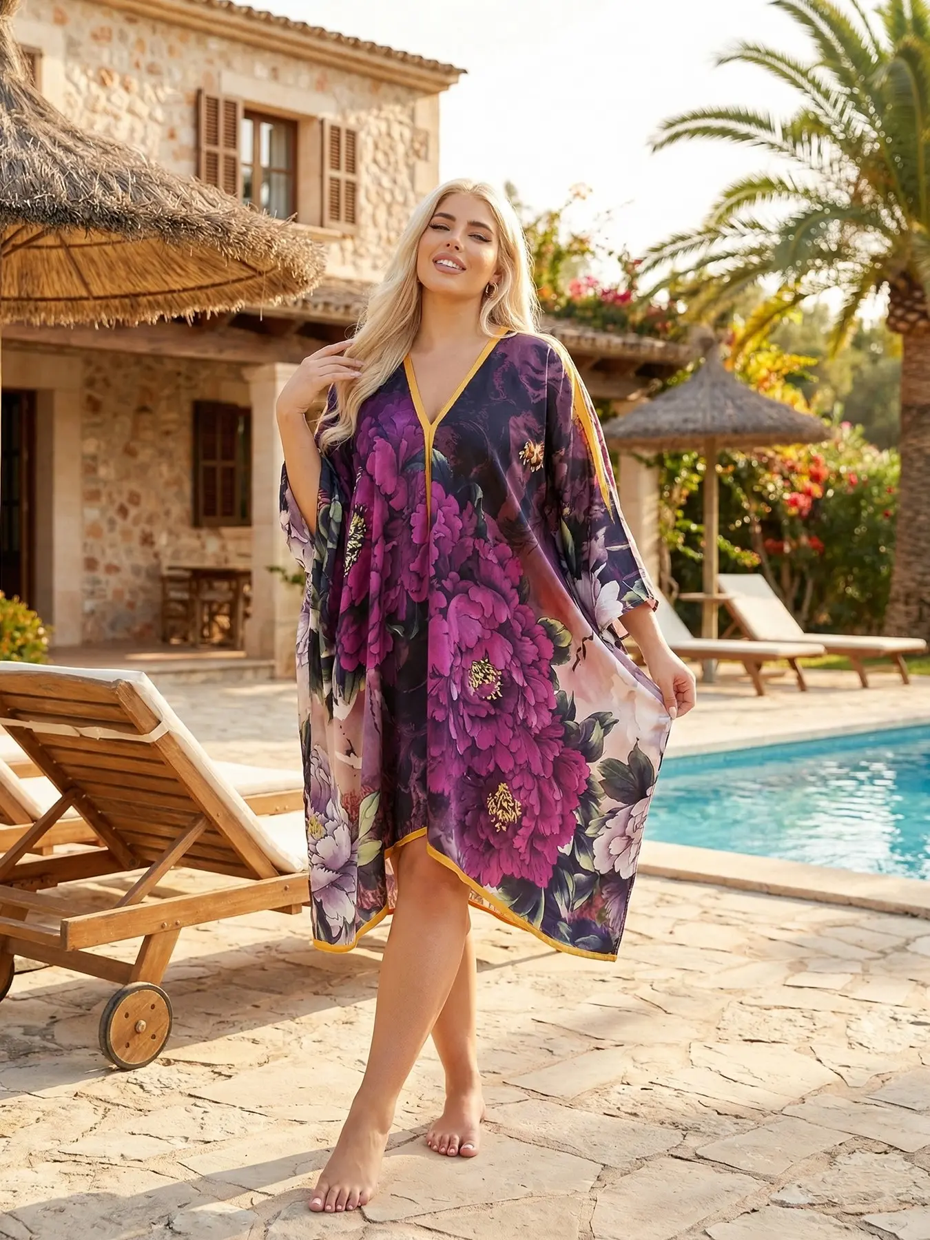 Women's Large V-Neck Shawl, Beach Cover-Up, Beach Coverups, V Neck Coverup, Loose Fit, Breathable, Eye-Catching Print, Perfect for Vacation & Daily Wear
