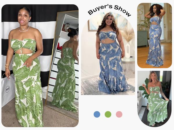 CHICME Women's Tropical Floral Print Smocked Maxi Dress Ruched Bandeau Cutout Summer Vacation Dress Elegant Shirred Ruffle Hem Mermaid Beach Dress/Summer Dress/Seaside Vacation Sleeveless Skirt