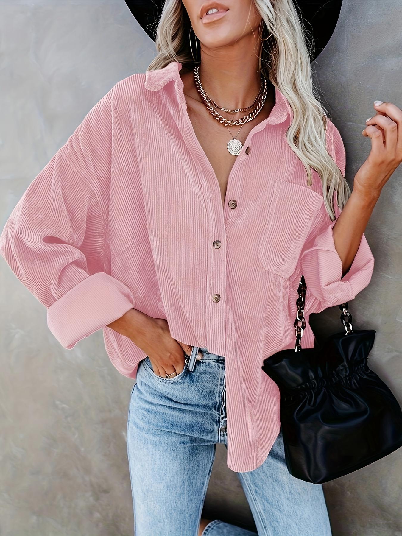 Women's Corduroy Button Collared Blouse Shirt With Pocket, Long Sleeve Loose Fit Oversize Drop Shoulder Casual Everyday Style For Spring & Fall
