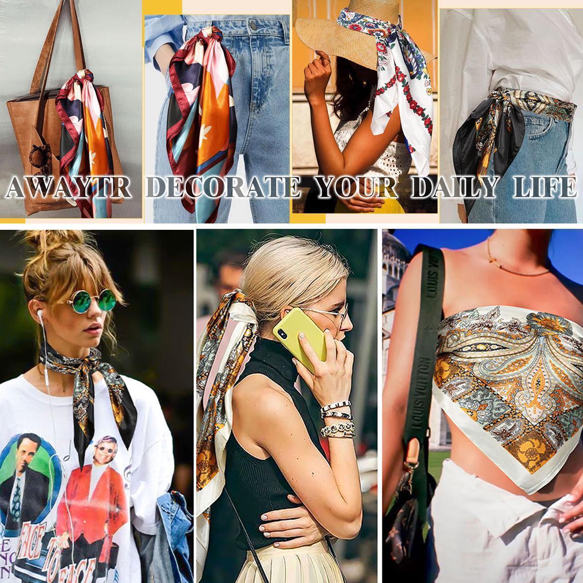 AWAYTR 4 Pack Shawl Scarf Set for Women, 35" Large Square Silk-Like Satin Head Wrap, Allover Print Fashion Neck Shawl Accessories for Women, Floral Print Scarf, Decorative Scarf