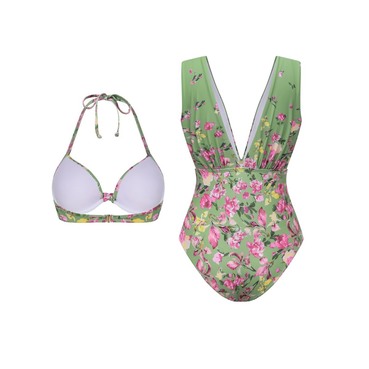 Floral Bikini & Plunging Ruched Swim Set