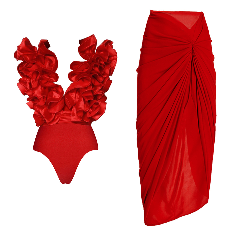 Red Flower Frilled V Neck One Piece Swimsuit and Skirt
