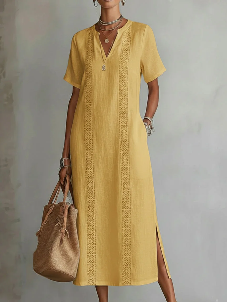 Retro Cozy Lace V-neck Loose Linen Dress