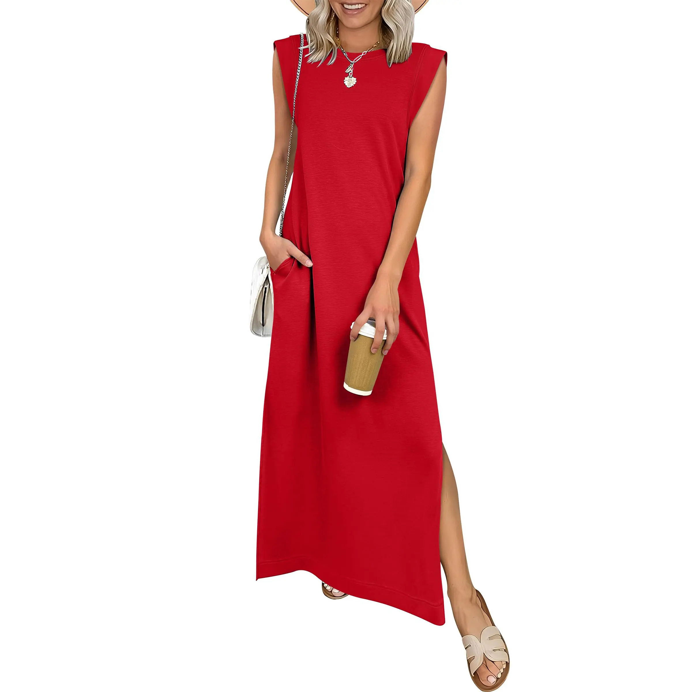 Summer Casual Sleeveless Maxi Dress 2026 Crewneck Loose Split Wrinkle-Free Beach Travel Vacation Long Sundress