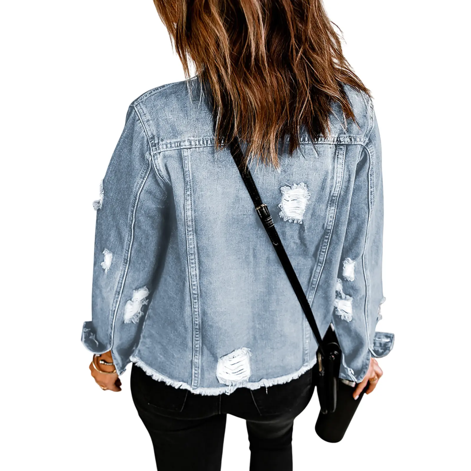 Women's Casual Short Jean Jackets Non Stretch Distressed Ripped  Lapel Long Sleeve Denim Jacket Outwear Tops