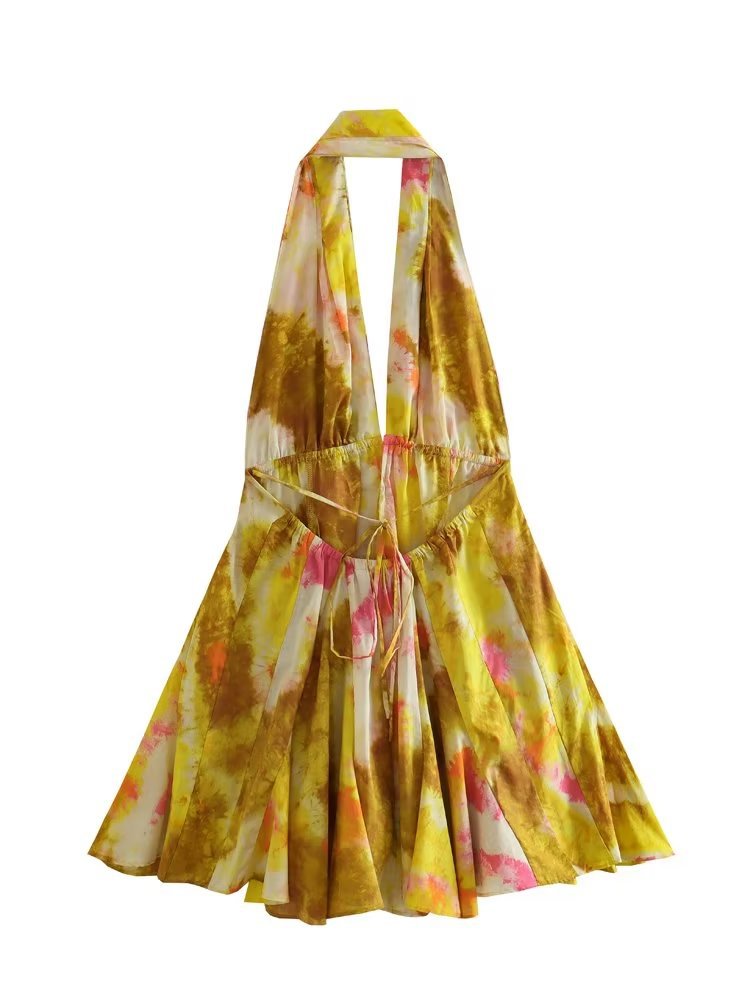 Halter Yellow Printed Mini Dress