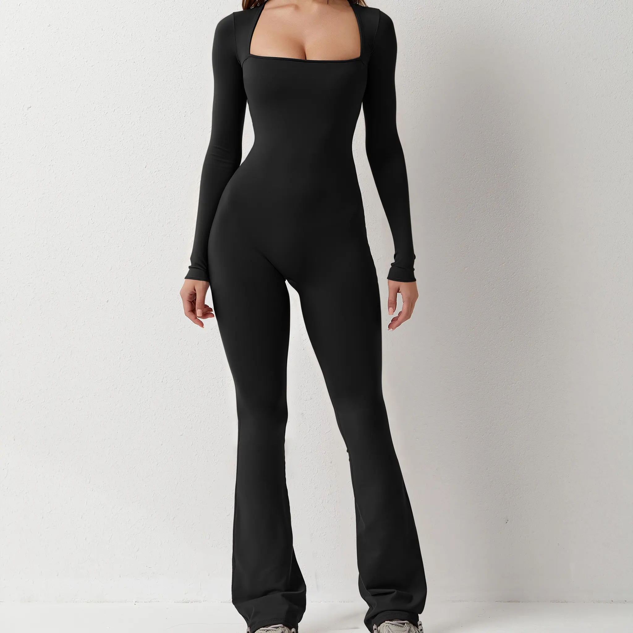 low neckline Jumpsuits for Women Square Neck Wide Leg Full Length Romper Playsuit