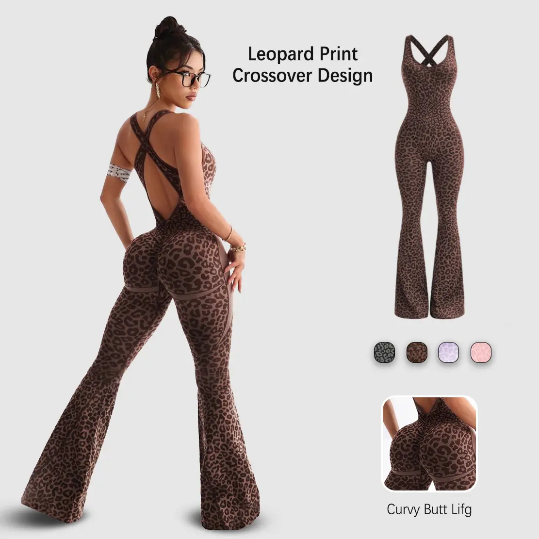 Women's Leopard Print Flared Sports Jumpsuit - Backless Hollow Cross-Twisted Back, High-Waisted, Cooling Quick-Drying, Figure-Flattering Gym Apparel, Sports Clothes, Casual Style for Yoga/Outdoor, Clothes for Women