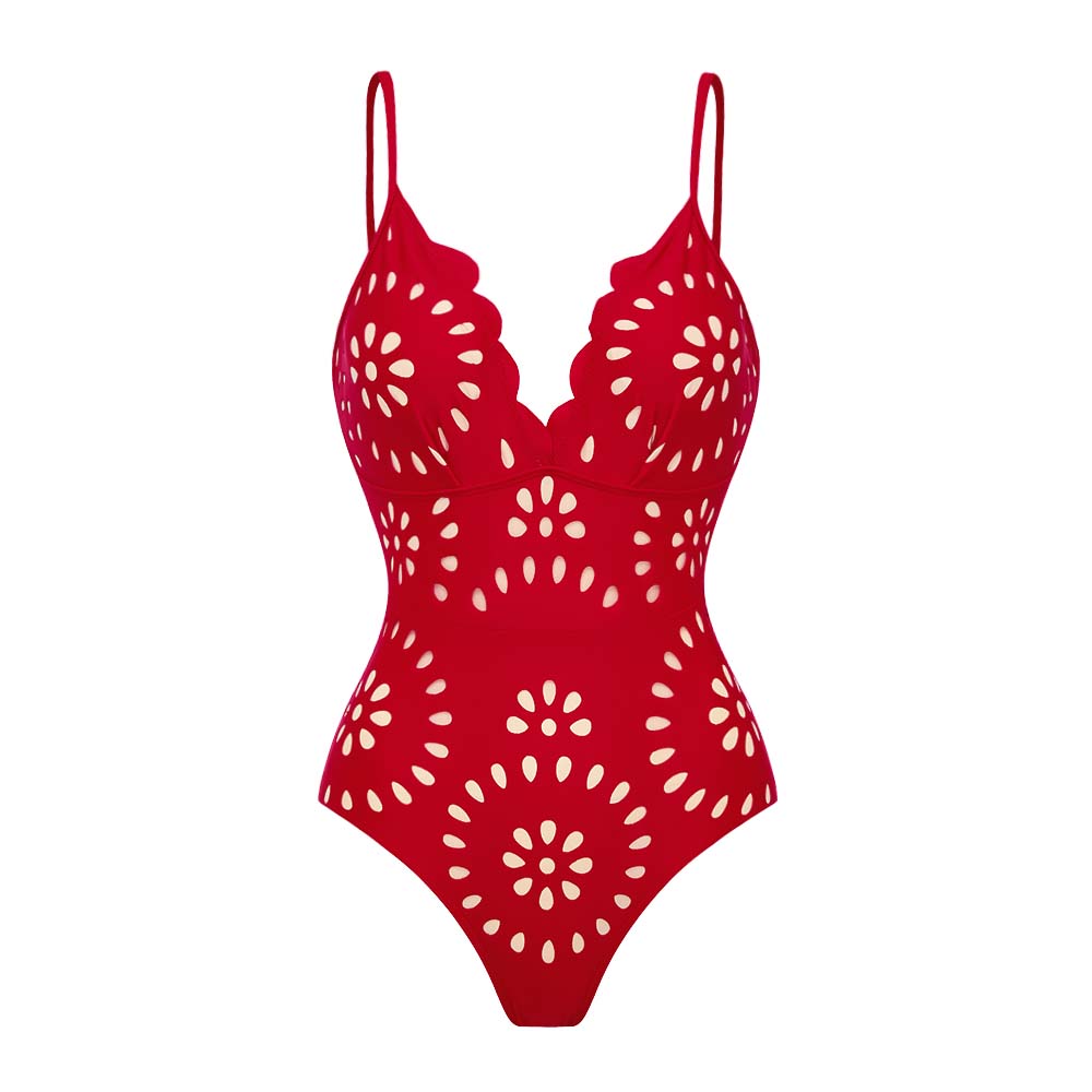 Laser Flower Hollow One Piece Swimsuit and Skirt