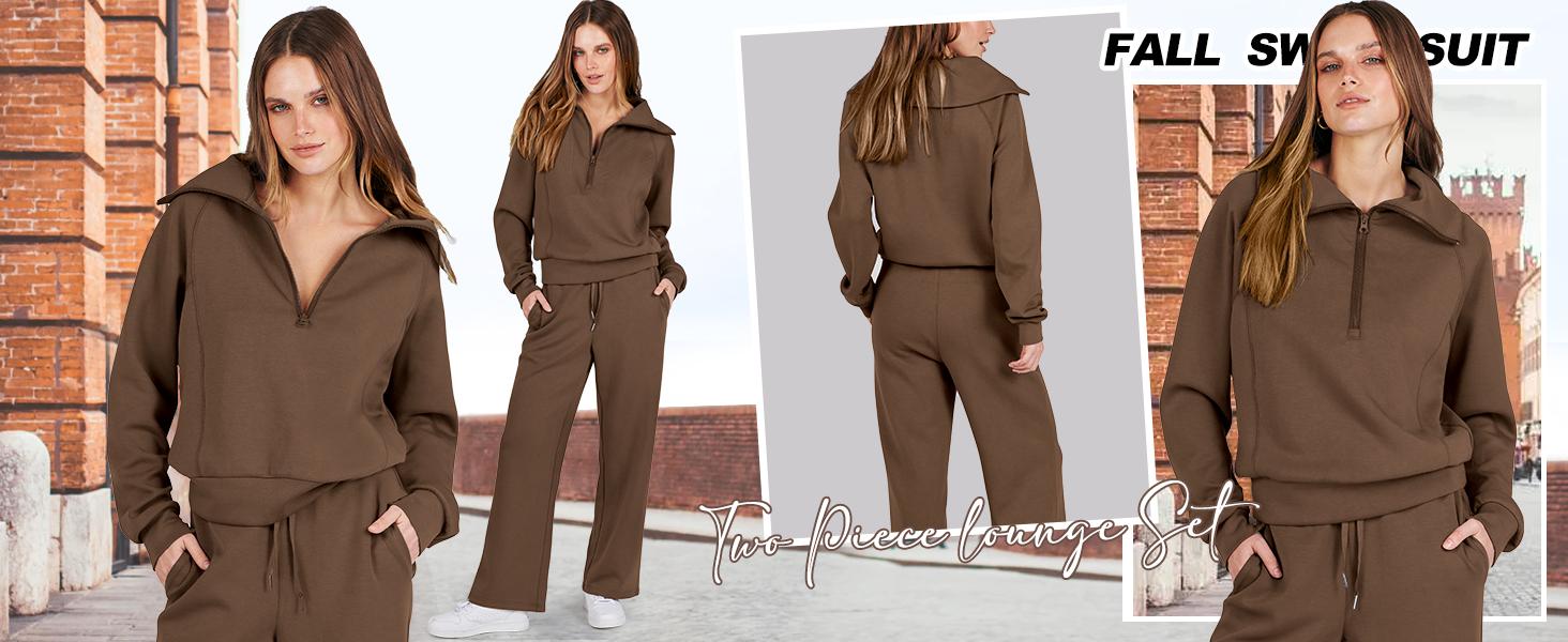 ANRABESS Women 2 Piece Outfits Sweatsuit Set 2026 Fall Oversized Half Zip Sweatshirt Wide Leg Sweatpant Lounge Set Tracksuit