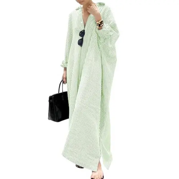 Women's Casual Striped Cotton Maxi Shirt Dress