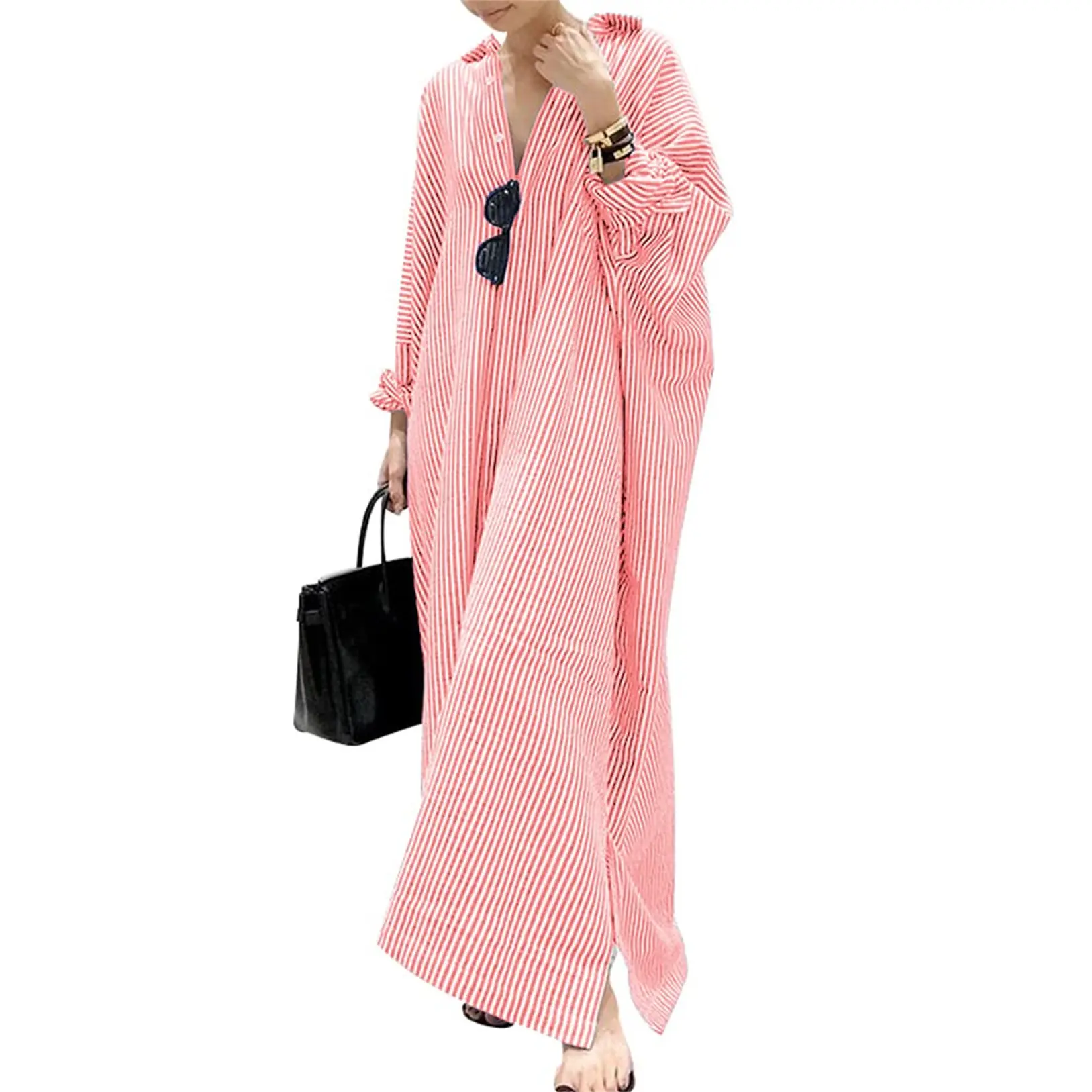 Women's Casual Striped Cotton Maxi Shirt Dress