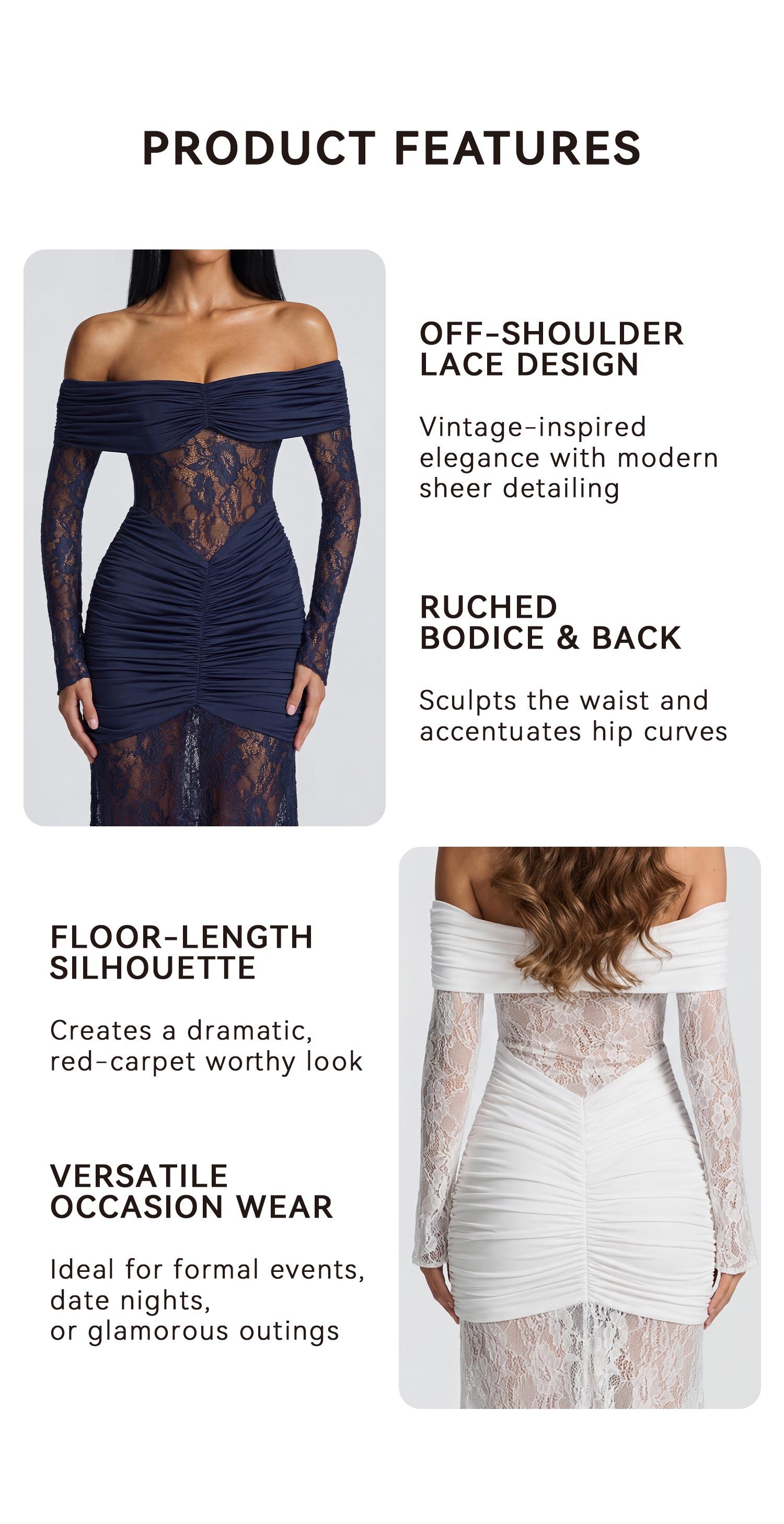 OQQfitness Women's Maxi Party Dress, Off Shoulder Elegant Ruched Bodycon Solid Color Evening Party Gown LongSleeve, Lace Formal Formal Wear,summeroutfits,vacationoutfits,beachoutfits