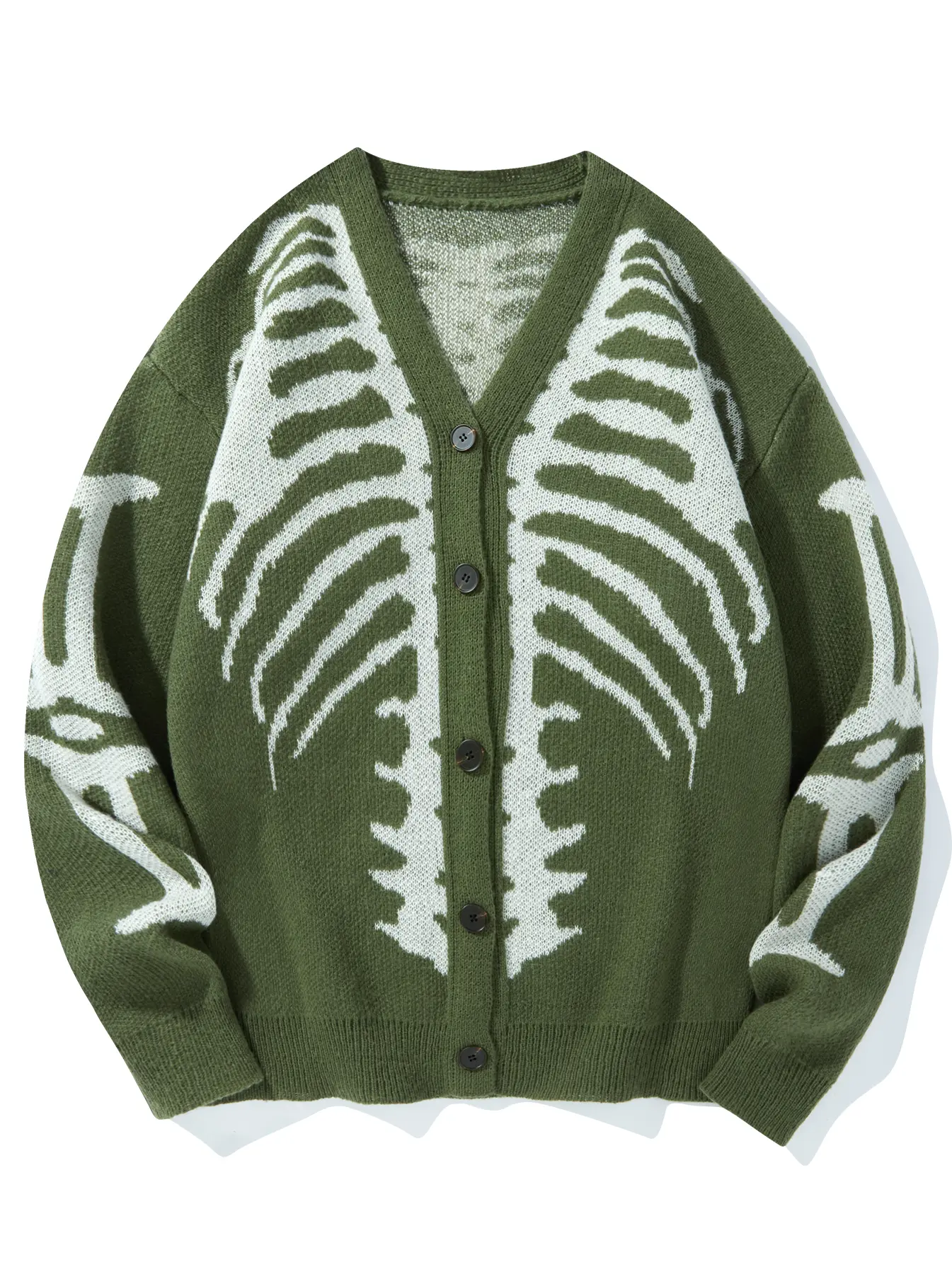 Skeleton Print Knit Cardigan V-Neck Drop-Shoulder Sweater for Casual Wear