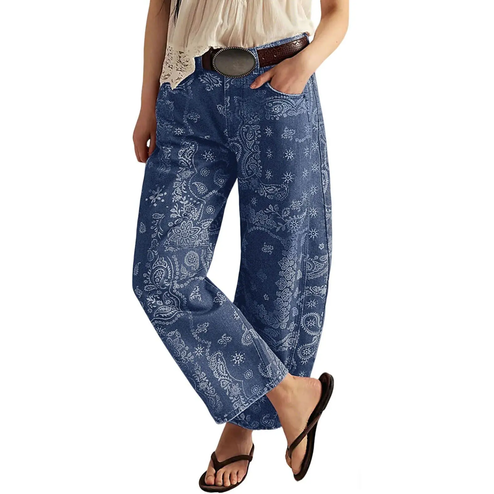 Women's Printed Wide-Leg Jeans Y2k Loose Mid-Rise Jeans in Soft Pink with Boho Floral Pattern Casual Denim Trousers
