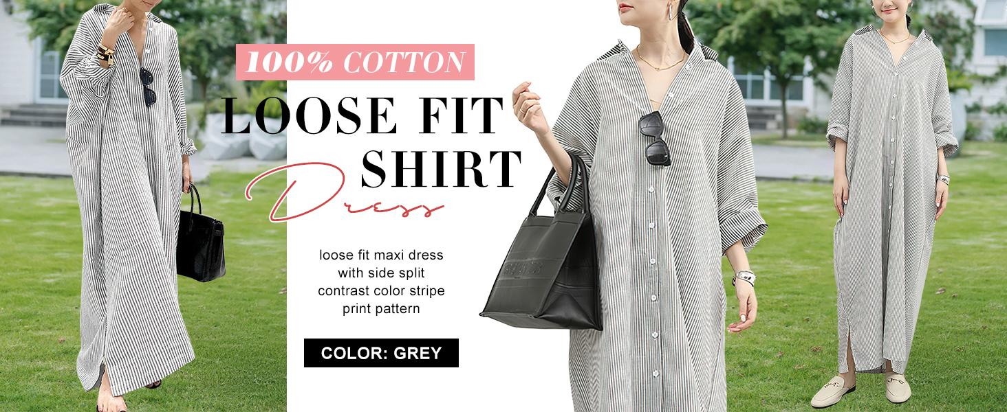 Chouyatou Women's Casual Long Sleeve Button Down Loose Striped Cotton Maxi Shirt Dress Grey Caftan Comfy Basic Batwing Sleeves Breathable Lightweight Beach Clothes Womenswear Bikini Elegant Fit