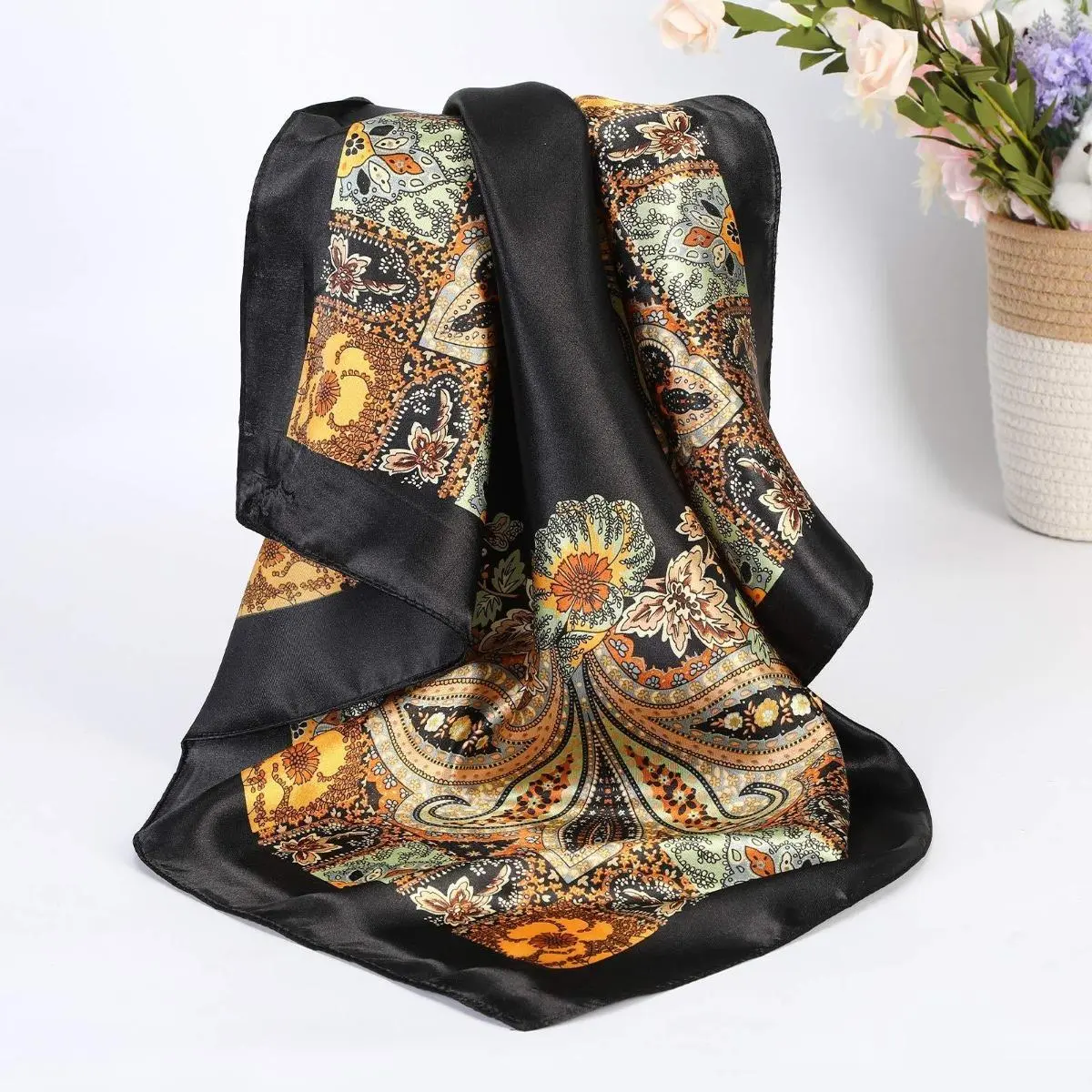 4 Pack Shawl Scarf Set for Women, 35" Large Square Silk-Like Satin Head Wrap, Allover Print Fashion Neck Shawl Accessories for Women, Floral Print Scarf, Decorative Scarf