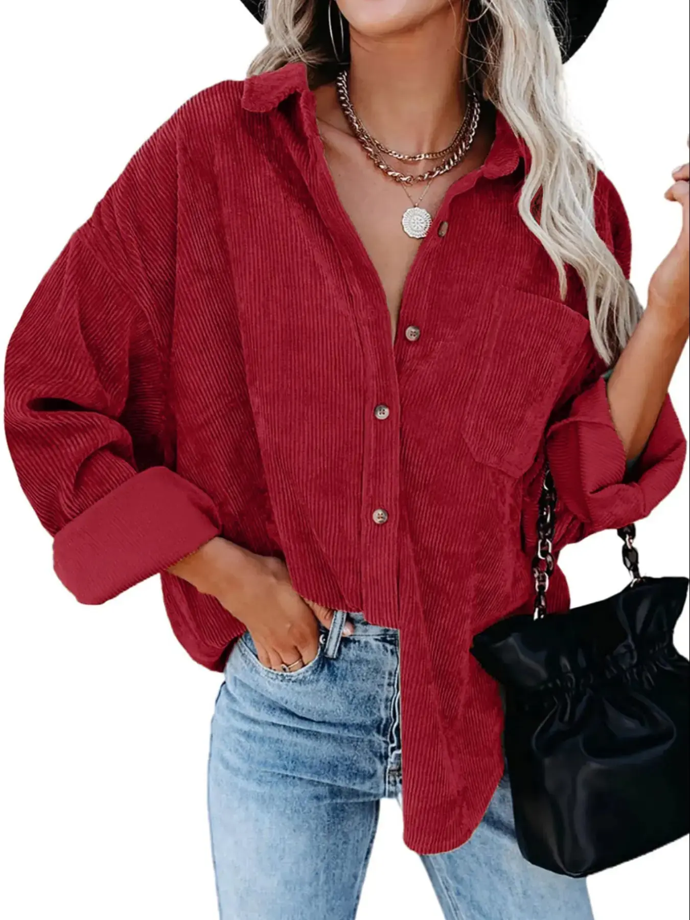 Women's Corduroy Shirt with Pocket - Drop Shoulder Style