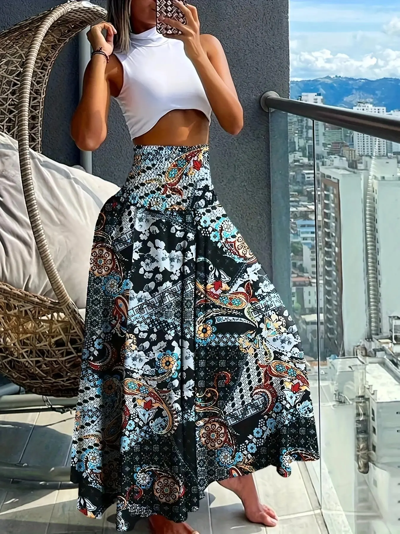 Women's Ethnic Pattern High Waist Wide Leg Pants