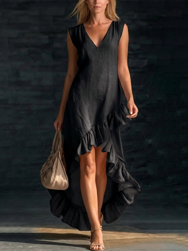 2026 European And American Cross-Border Amazon New Fashion And Romantic Sleeveless V-Neck Ruffled Hem Cotton And Linen Long Dress