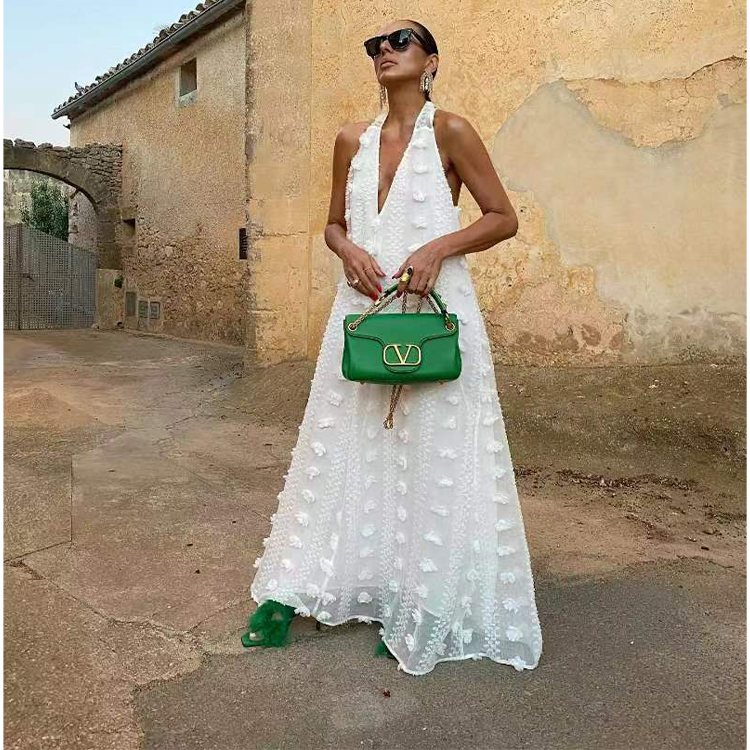 Halter 3D Flower V Neck Maxi Dress