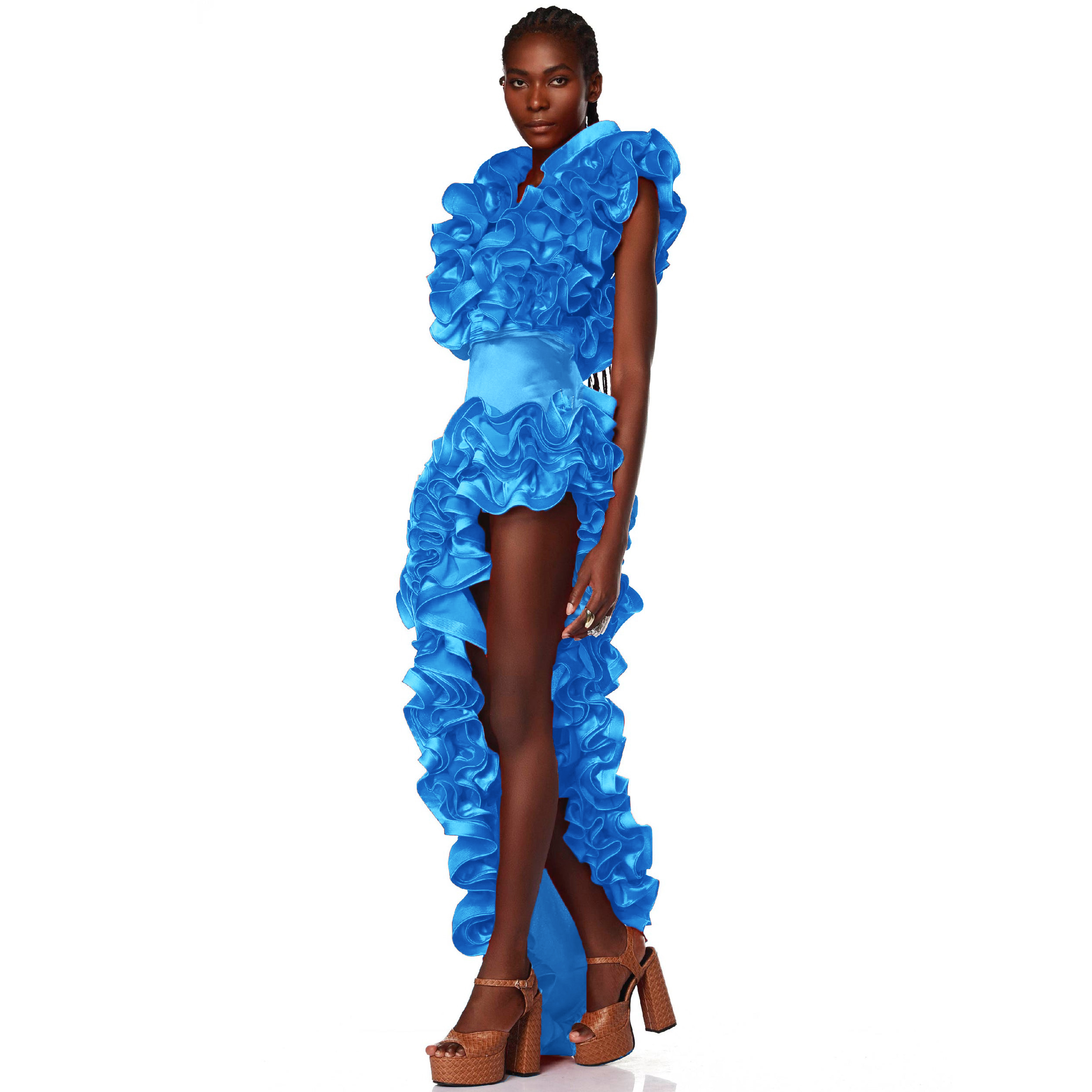 Blue Frilled V Neck One Piece Swimsuit and Skirt Flaxmaker