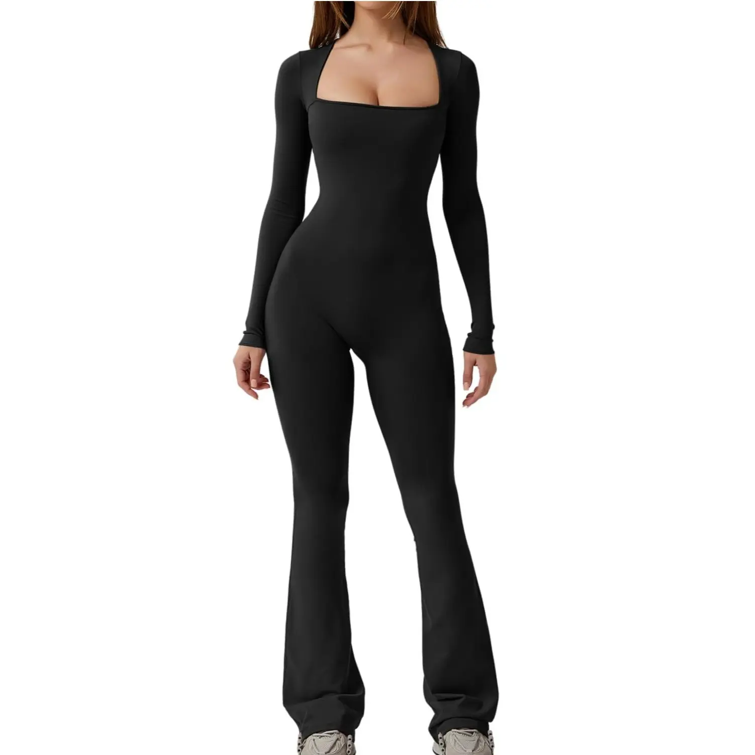 low neckline Jumpsuits for Women Square Neck Wide Leg Full Length Romper Playsuit