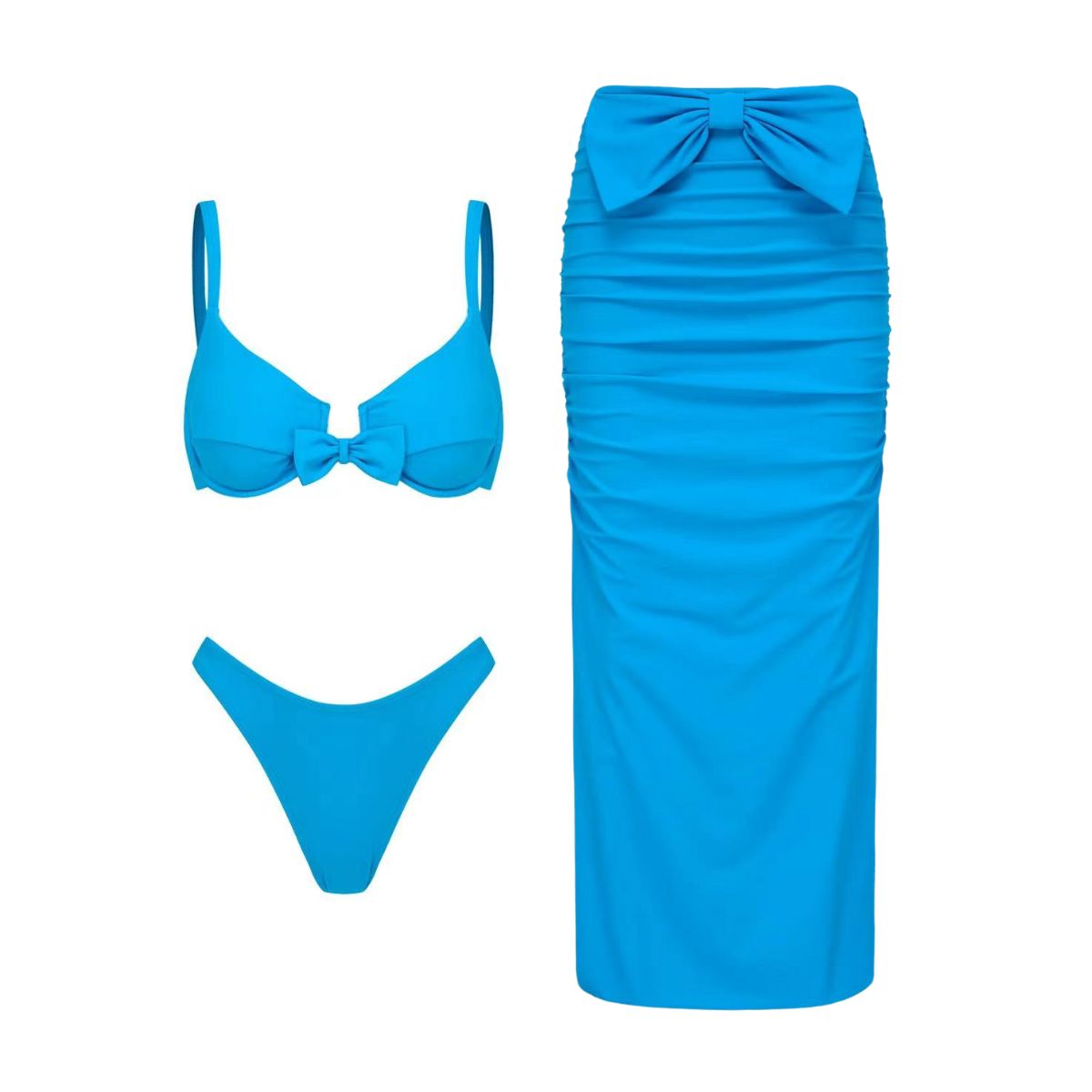Bowknot Decor Blue Bikini Swimsuit and Sarong