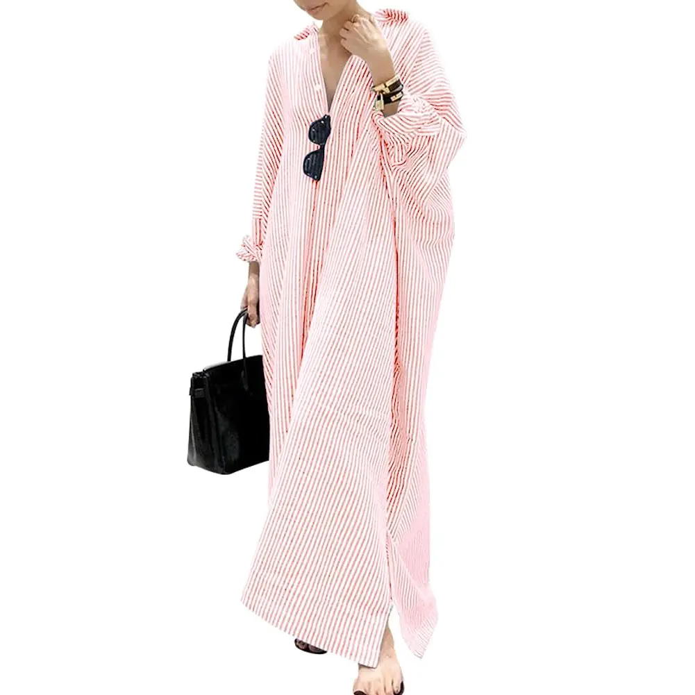 Women's Casual Striped Cotton Maxi Shirt Dress